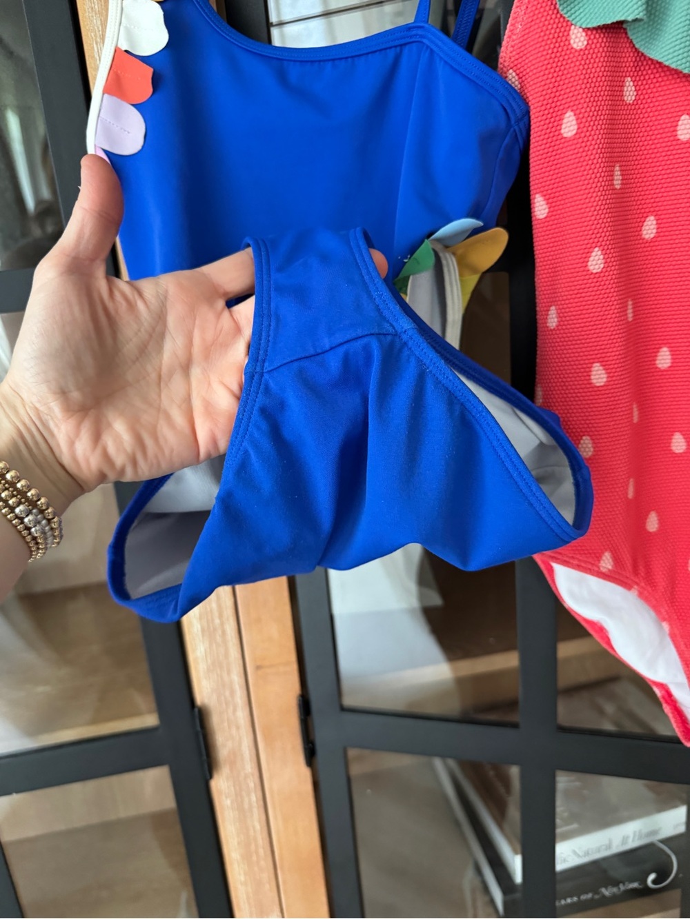 Mini Boden Girls cobalt One Piece Swimsuit rainbow petal appliqué side cutout - Picture 7 of 9